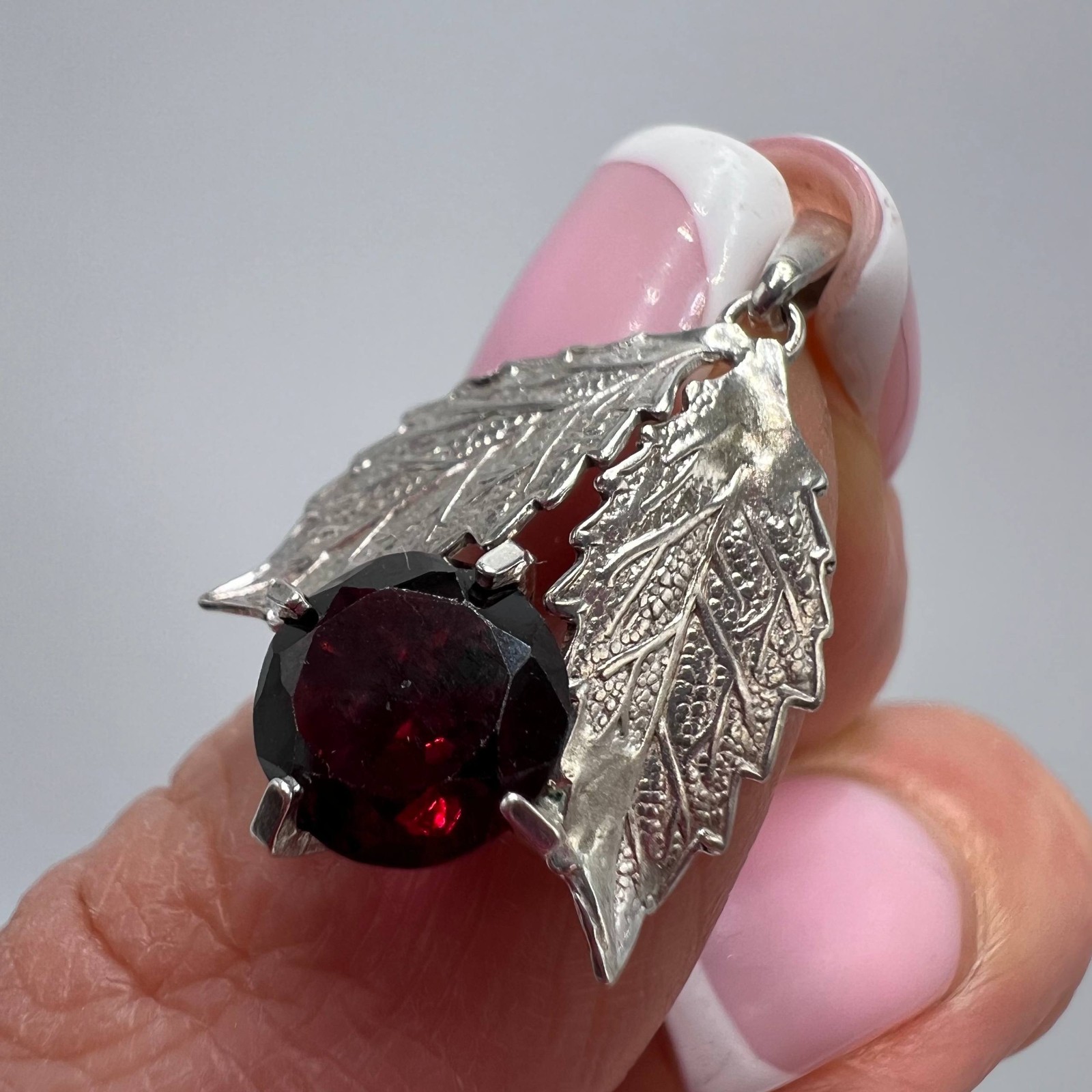 Vintage 835 Silver Leaf Pendant Red Stone | European Style | No Chain