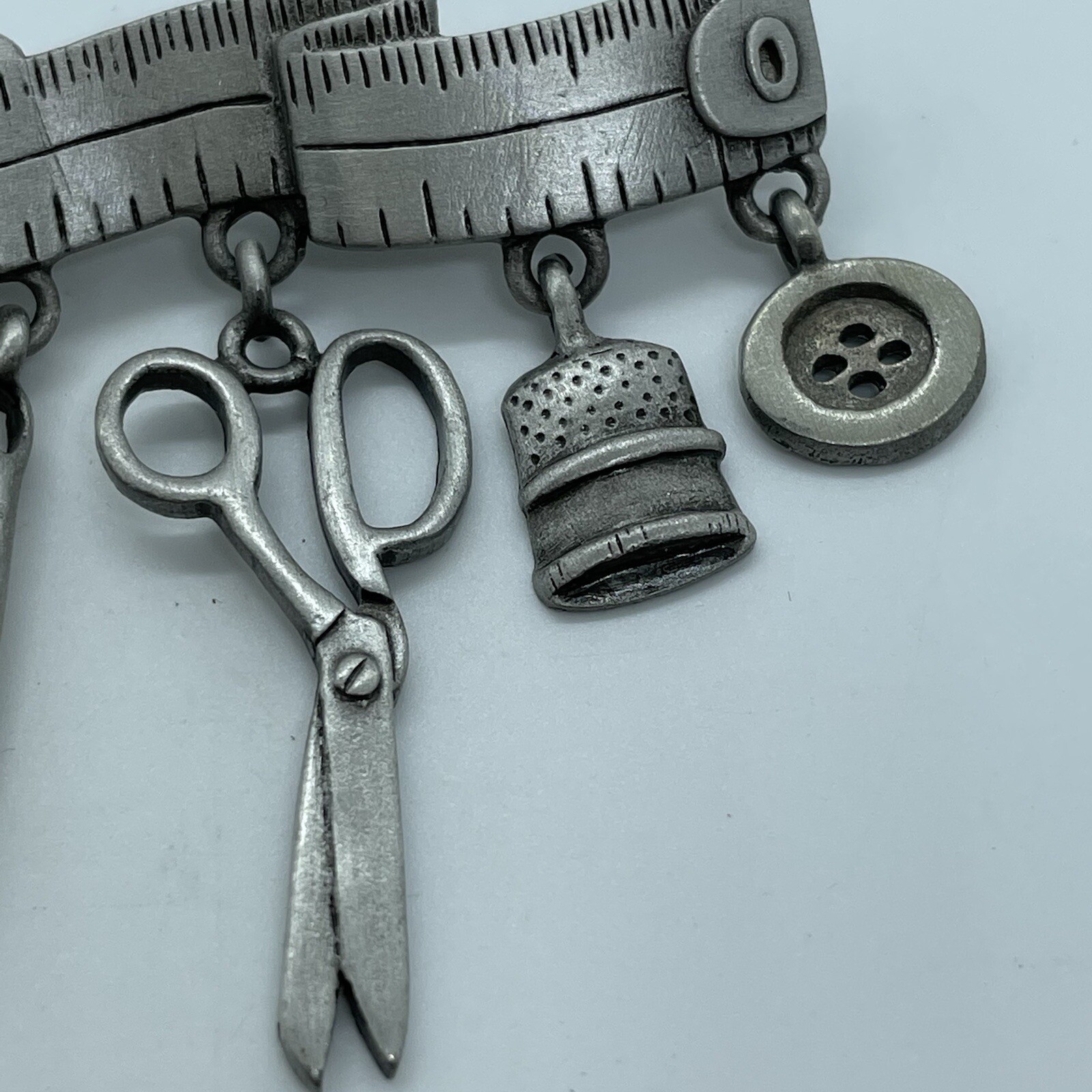 Vintage Sewing Theme Brooch Pin Tape Measure Scissors Thread Button Thimble