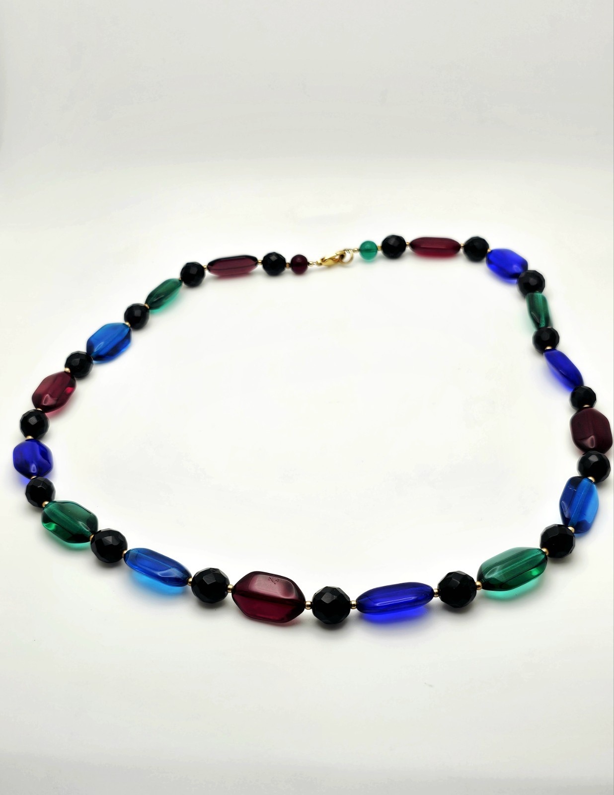 Vintage 1930s Czech Art Glass Necklace Blue & Clear Faceted Beads Handmade