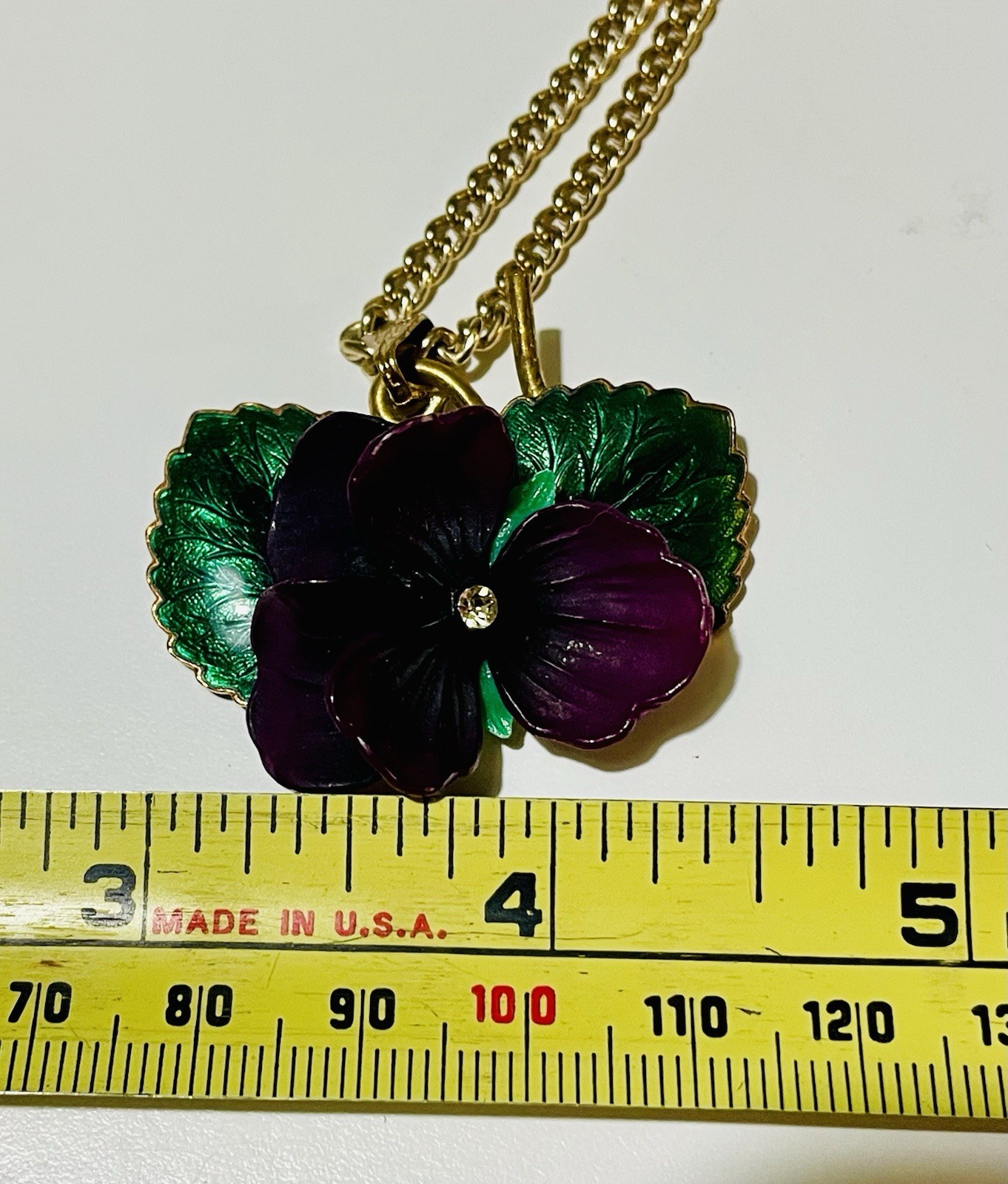 Vtg West Germany Enamel Violet Pansy Flower Pendant Necklace Gold Tone 25″