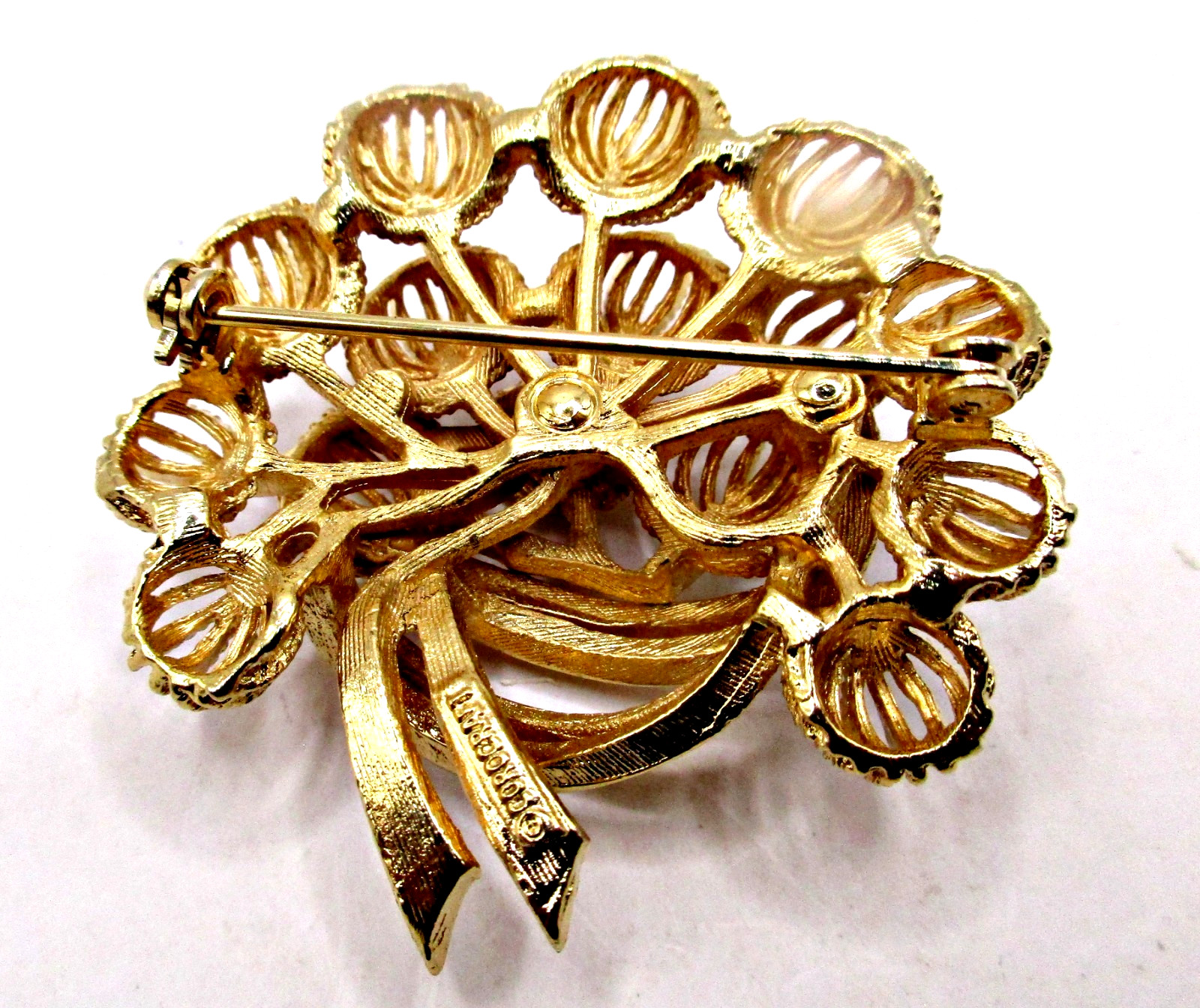 Vintage Signed Corocraft Gold-tone Domed Textured Bouquet Pin Brooch