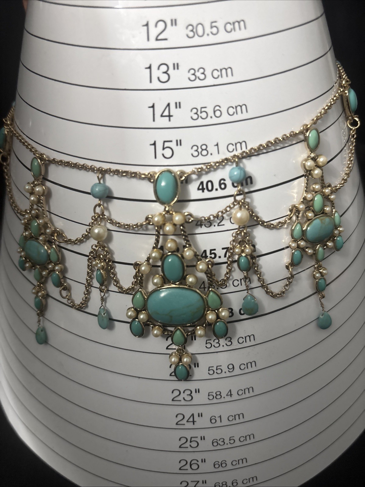 Monet Festoon Necklace Gold Tone, Faux Pearl Victorian Revival Design 15”