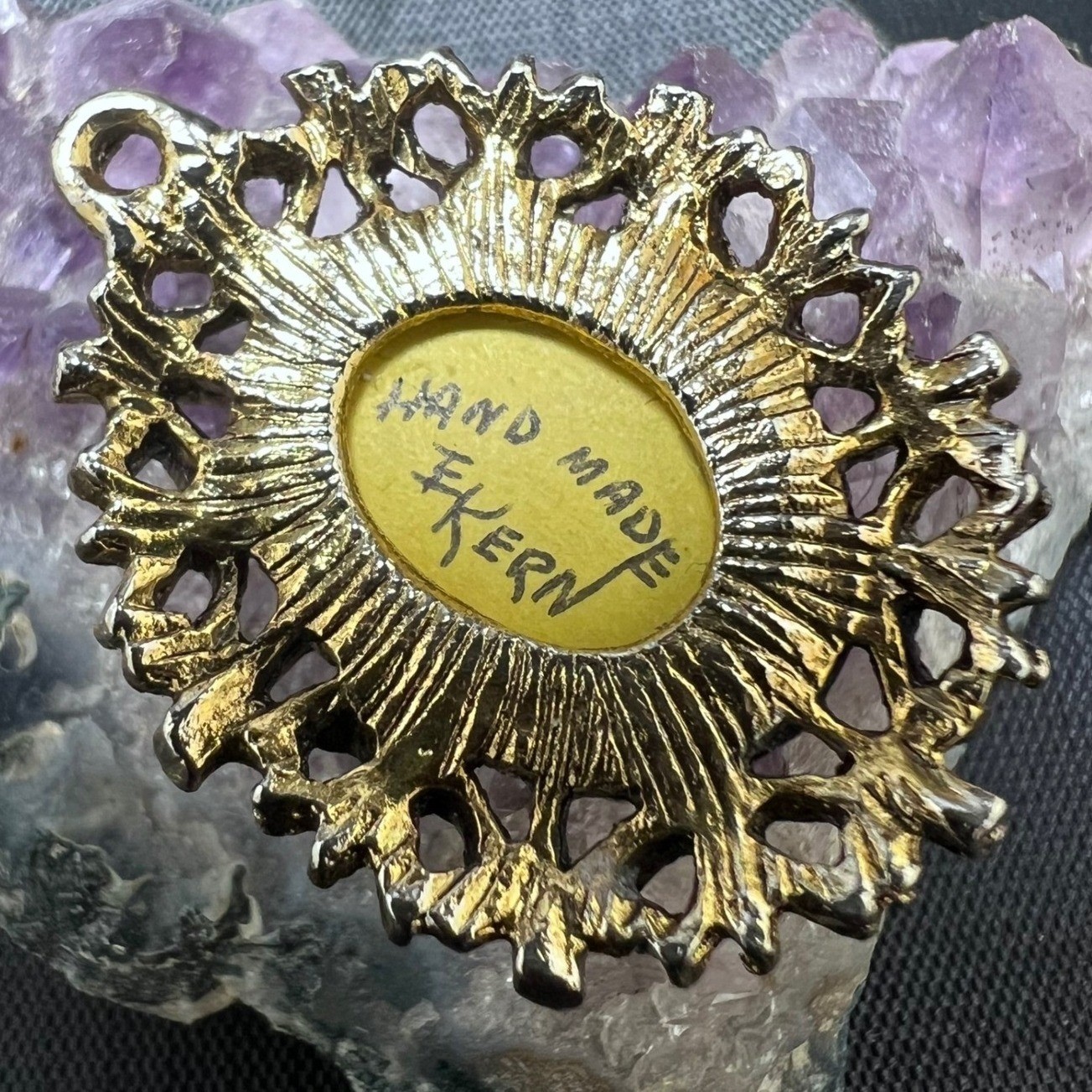 Vtg Dried Flower Pendant Handmade Signed Lucite Dome Gold Tone Victorian Gothic