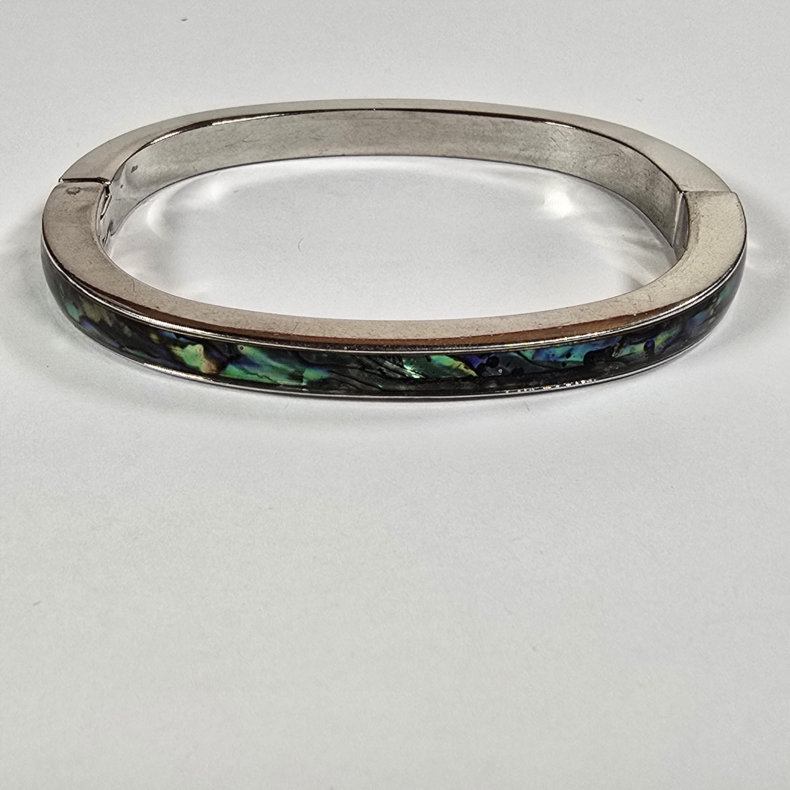 Silver Tone Abalone Shell Inlay Hinged Bangle Bracelet Oval Paua Style