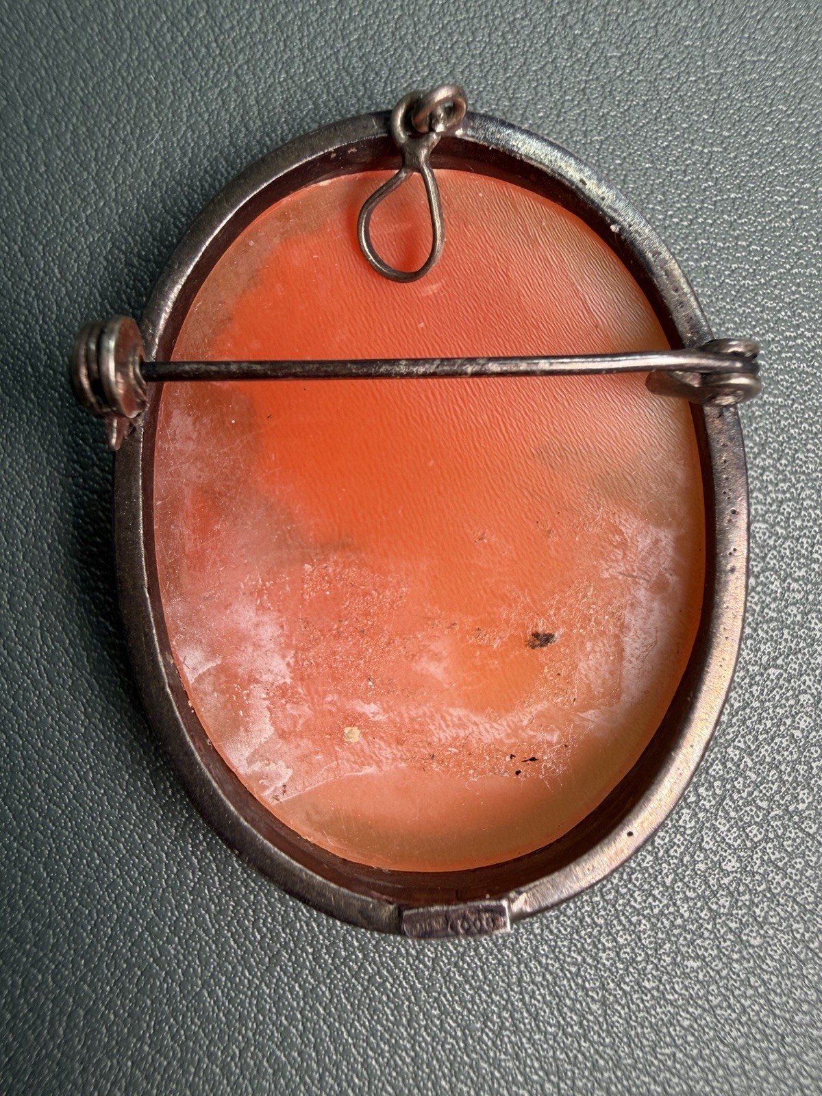 Fine Silver Shell Cameo Brooch Oval Natural Carved Profile Brown White