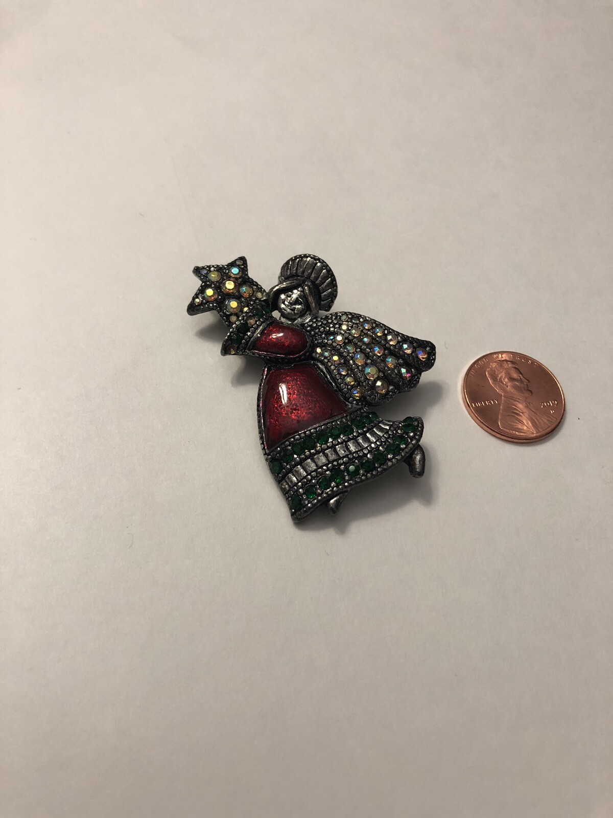 VTG TC PEWTER Christmas Angel W/Star Red Enamel RHINESTONE PIN Auction Finds 702