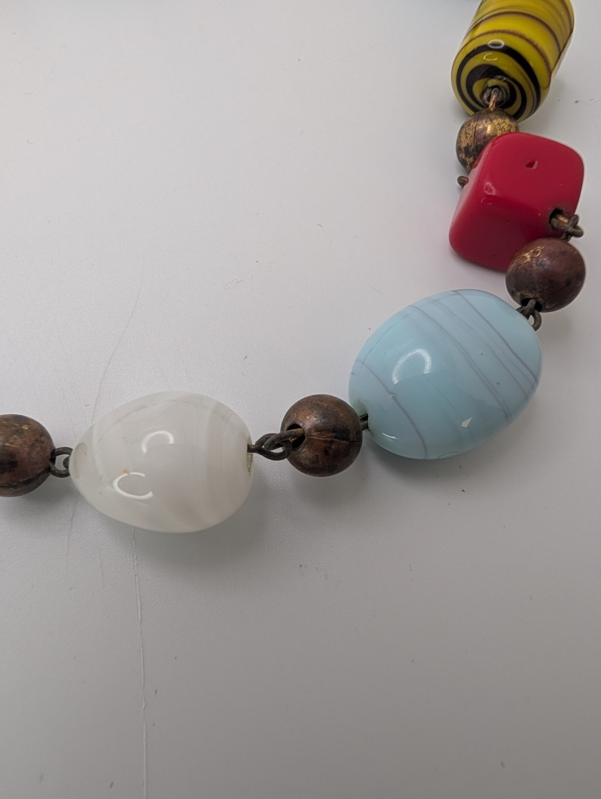 VTG Colorful Glass Metal & PlasticBead Necklace Painted Bronze Swirls Long