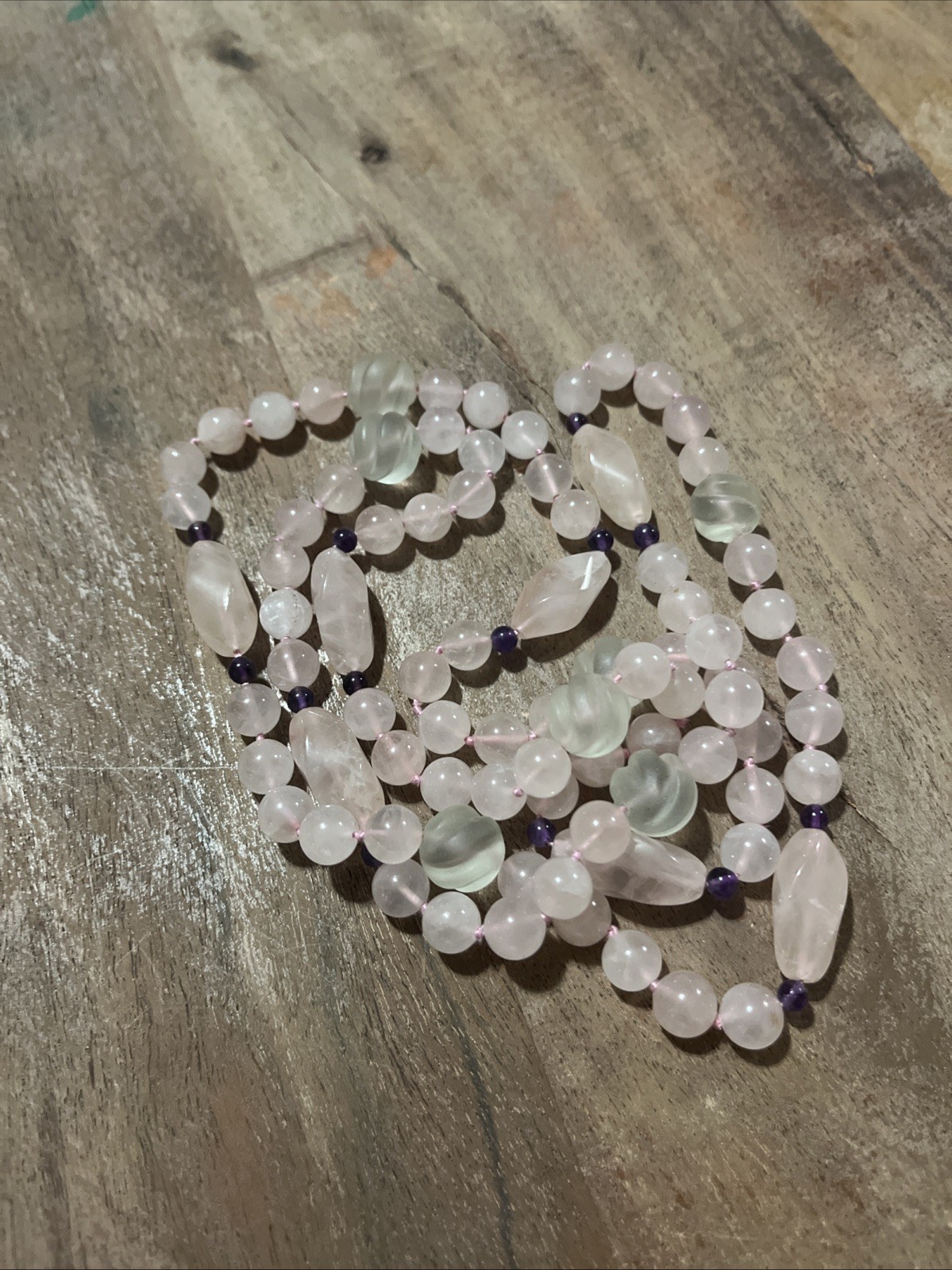 Vtg. Pink Rose Quartz Hand Knotted Bead Necklace 36”