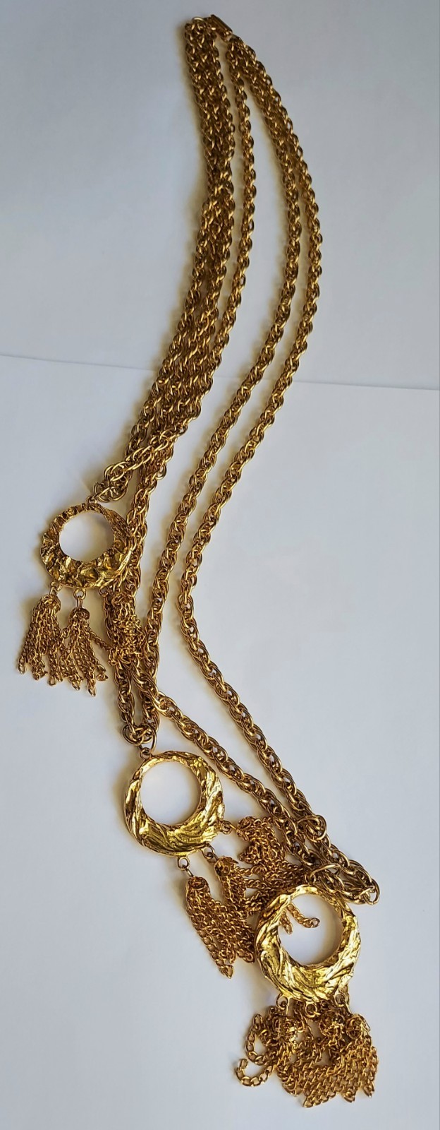Vintage Multi Strand Festoon Tassel Necklace Circle Pendant Gold Tone Statement
