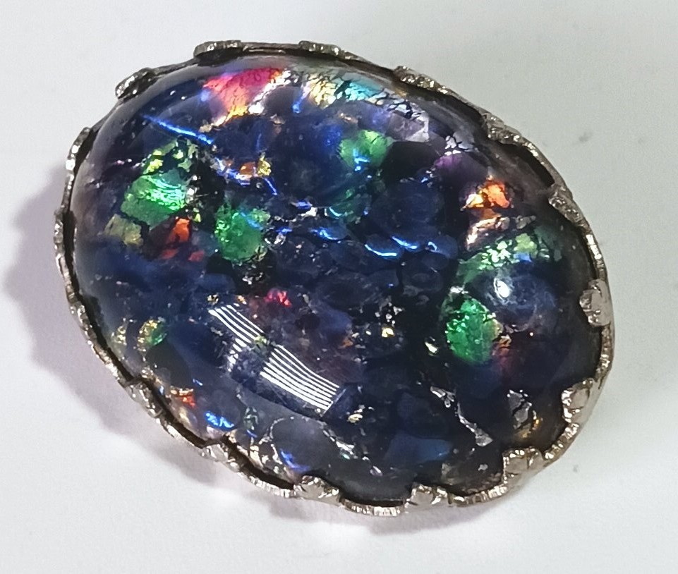 Vtg (Antique?) Silver-tone Brooch w/ Dark Blue & Multicolor Foiled Art Glass