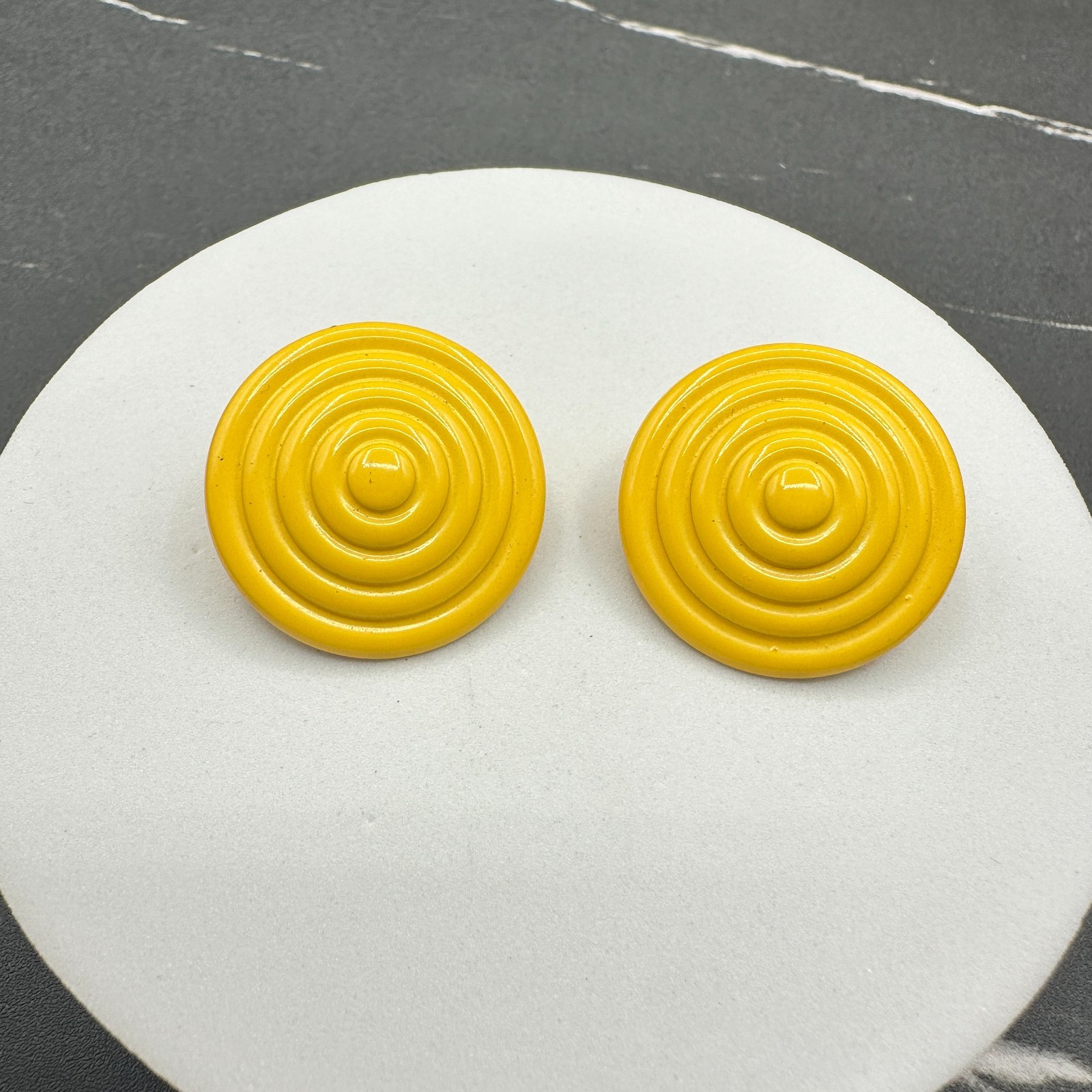 Vintage Yellow Aluminium Coated Concentric Swirl Spiral Post Dangle Earrings