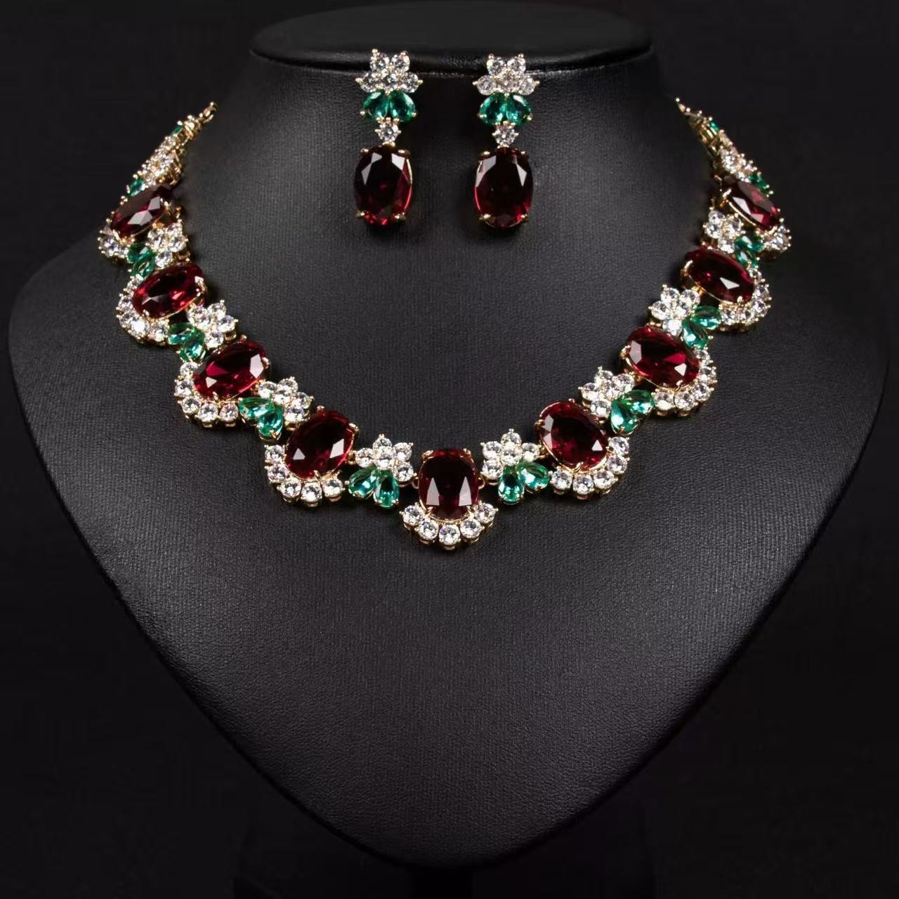 Vintage Ruby & Emerald Crystal Necklace Earrings Set Gold Tone Estate