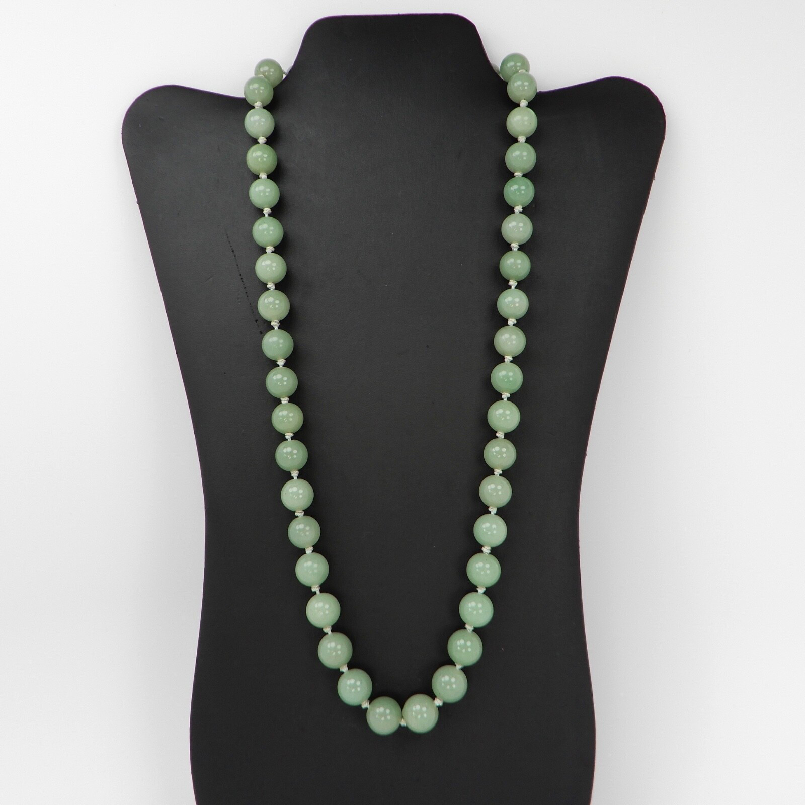 Vtg Green Jade Knotted 12mm Bead Necklace 24” .925 Silver Filigree Clasp 115 gr