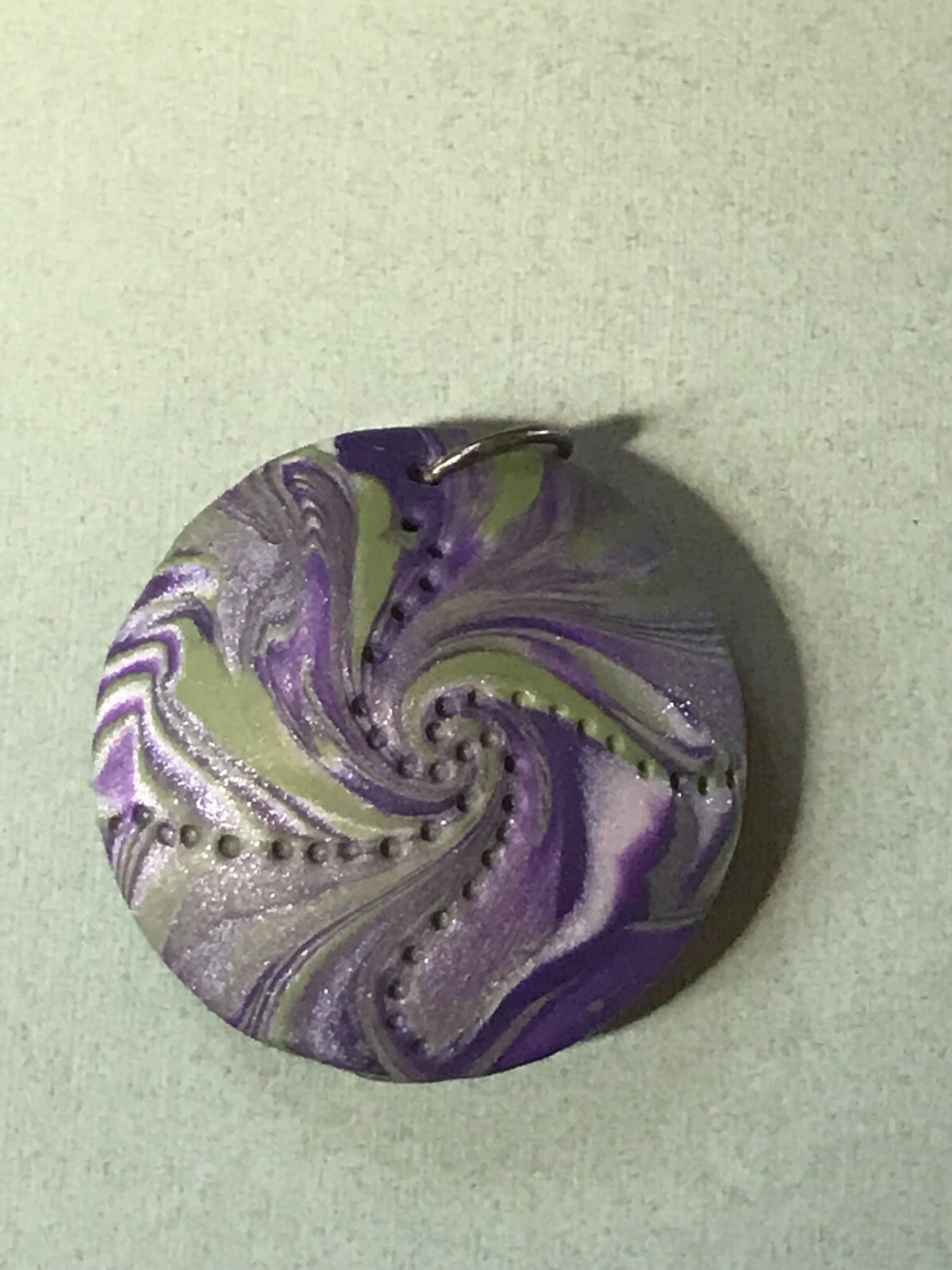 Handmade Swirly Purple White & Green Puffy Circle Polymer Clay Pendant – 1 and 3