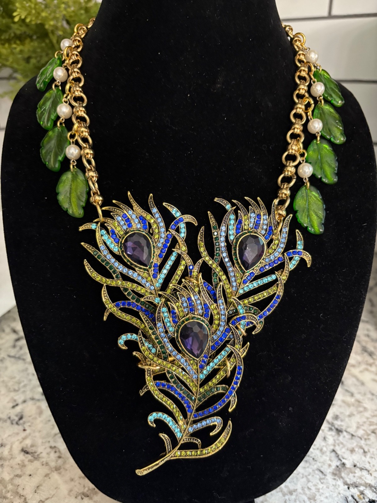Triple Rhinestone Peacock Feather Statement Necklace-Repurposed & 1 of a Kind!