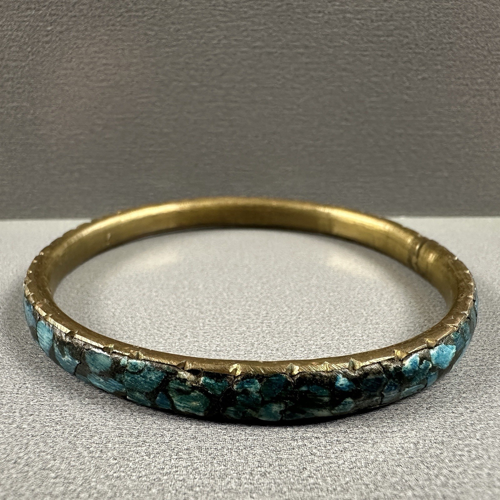 Vintage India Bangles Bracelet Mosaic Stone Brass Blue Green Inlay Set of 2
