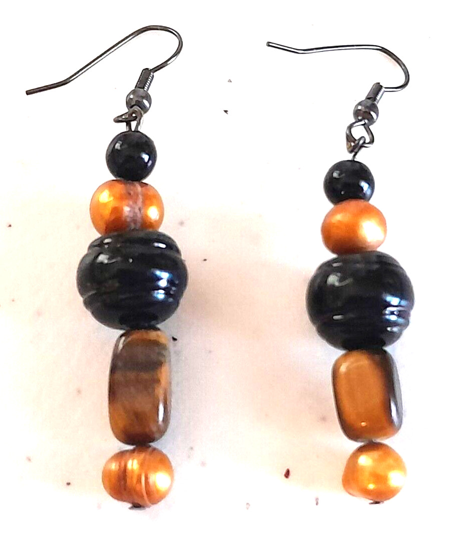 Vintage Artisan Handmade 1970’s Earth Tones Mixed Beaded 2″ Dangle/Drop Earrings