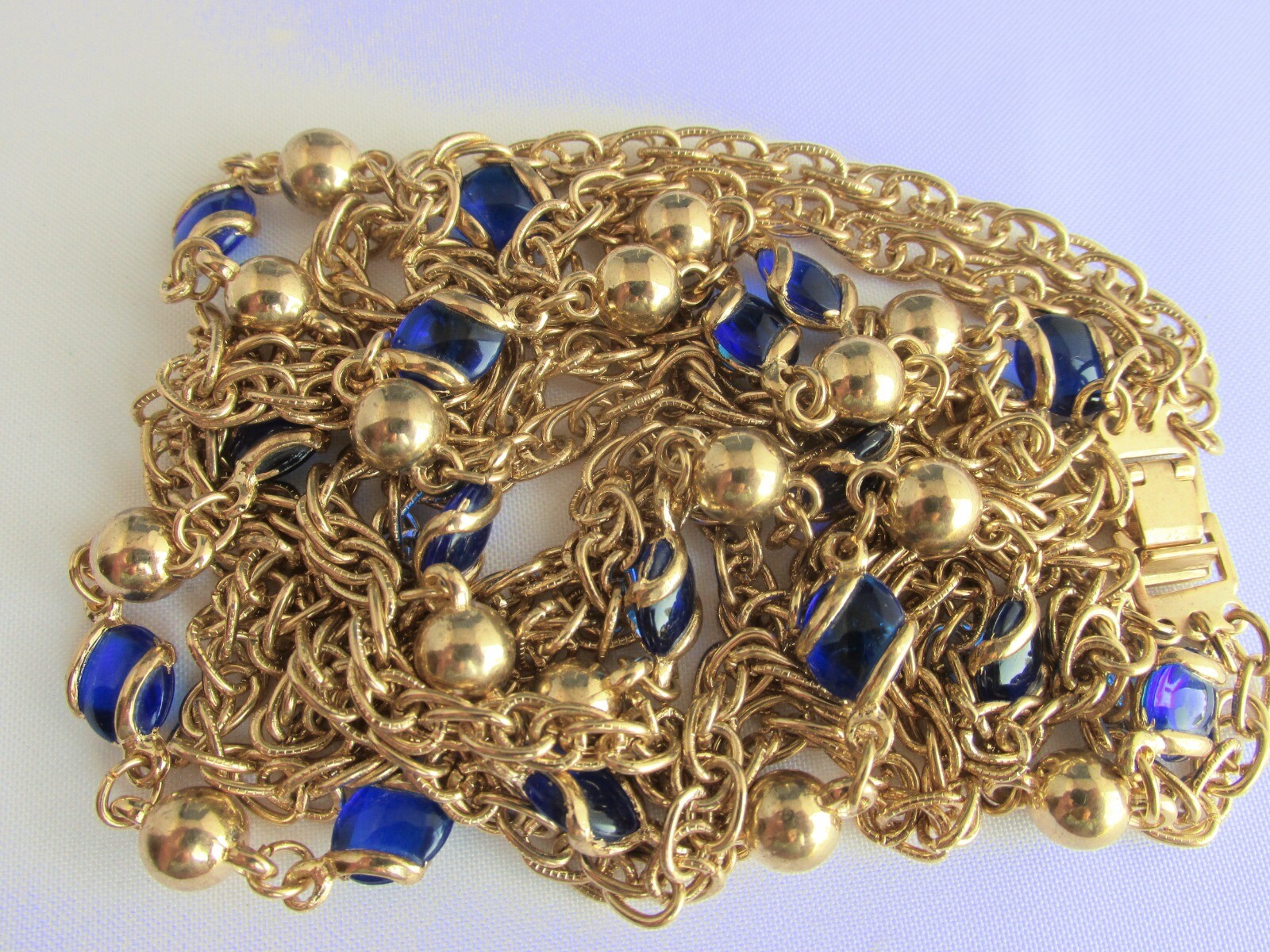 Vintage Electric Blue Glass & Metal Bead Necklace 3 Rows Gold Plate