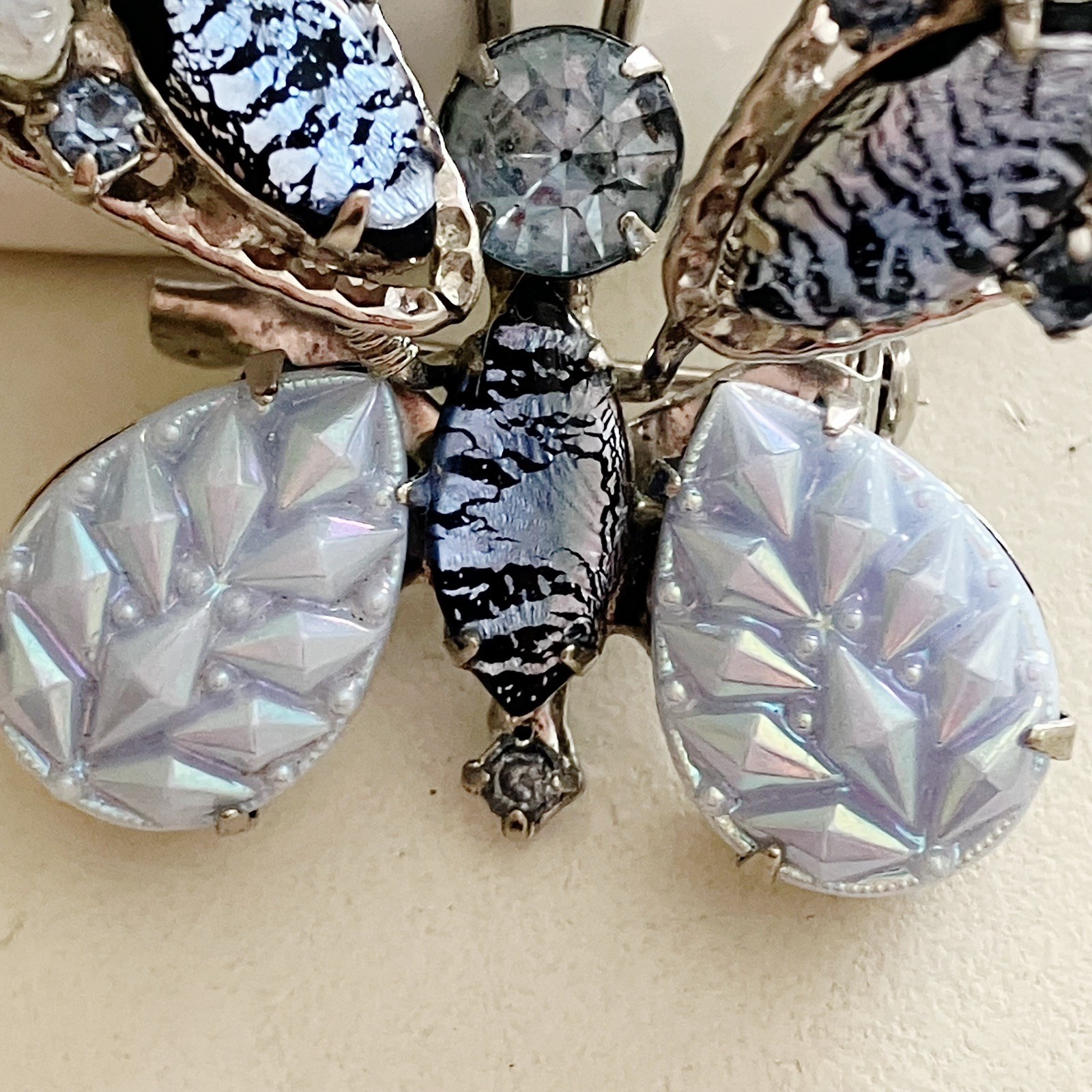 Vintage Butterfly Trembler Brooch Silver Filigree Foil Glass Stones Molded Art