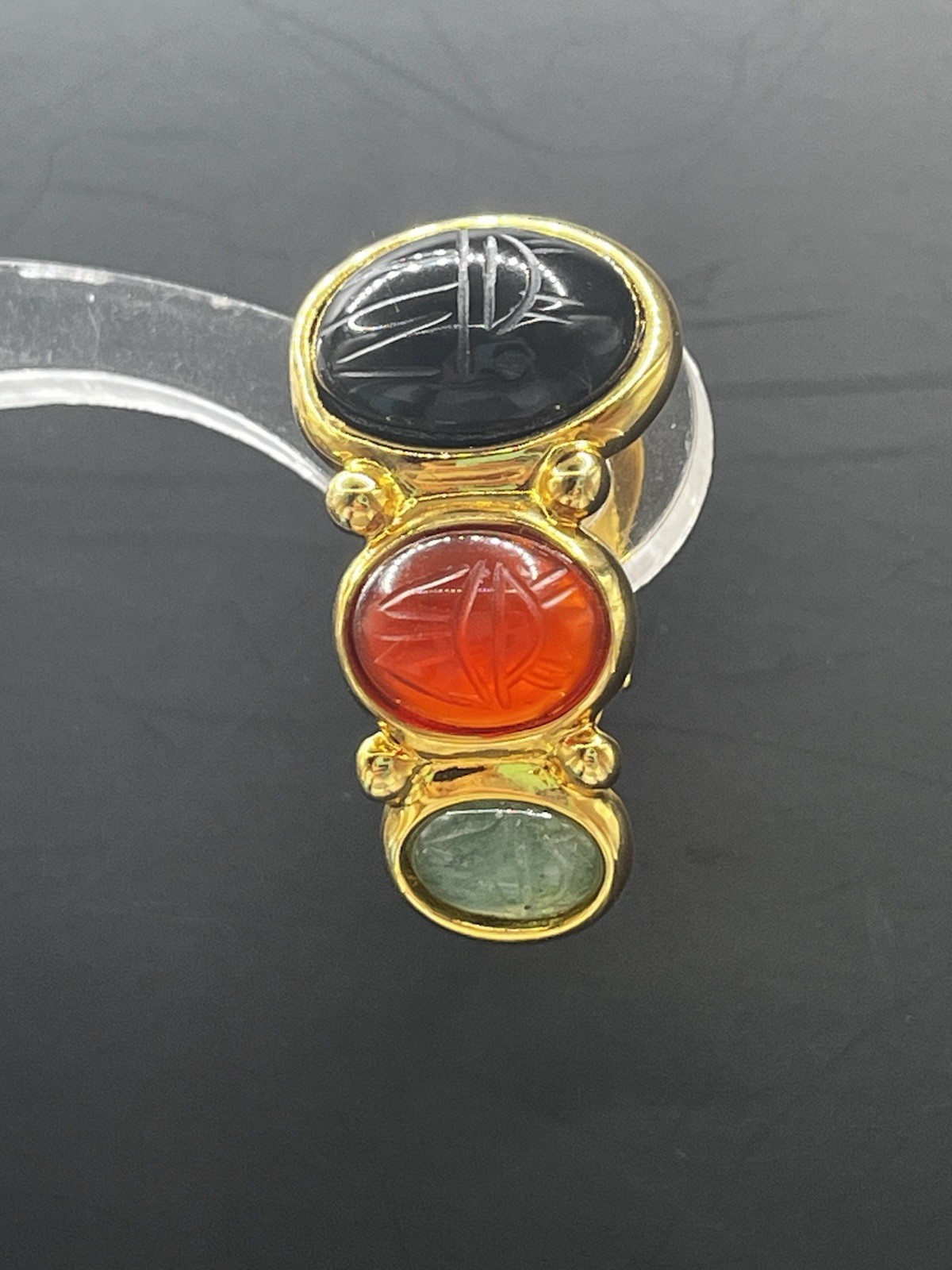 Egyptian Style Carved Scarab Weingeroff Glass/stone Half Hoop Drop Earrings