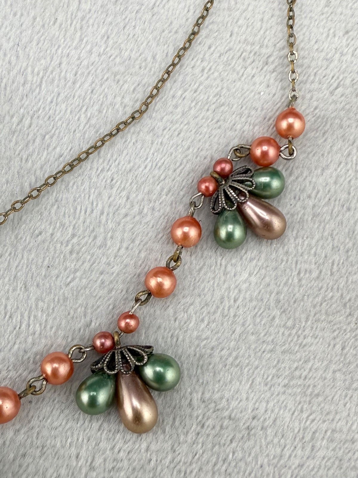 Vintage Dainty Faux Pearl Necklace Gold Tone Peach Green Brown 16”