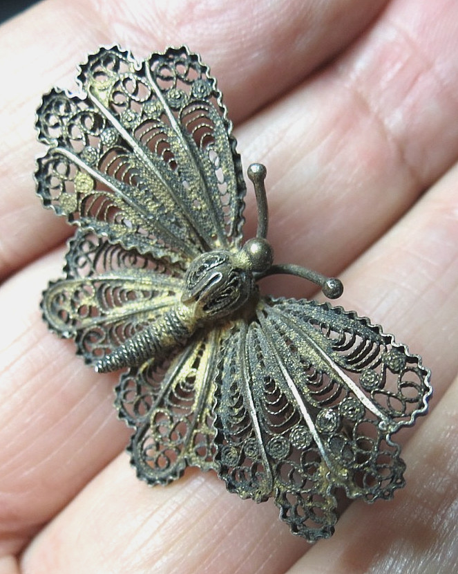 VINTAGE 800 SILVER FILIGREE BUTTERFLY PIN BROOCH 42MM WIDE