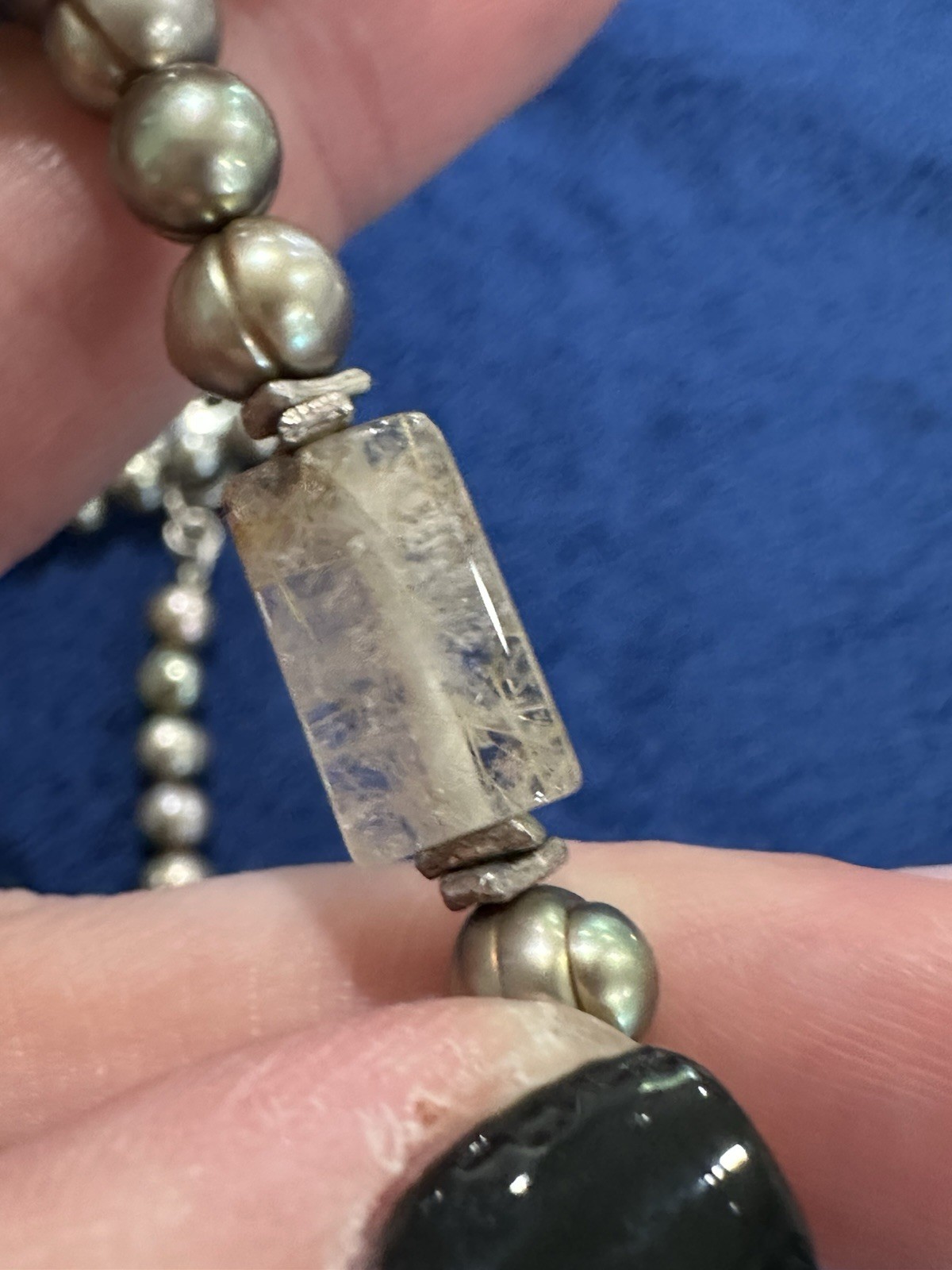 Vtg Sterling Silver Grey Pearl Strand Crystal Quartz Necklace, 16.5in Long