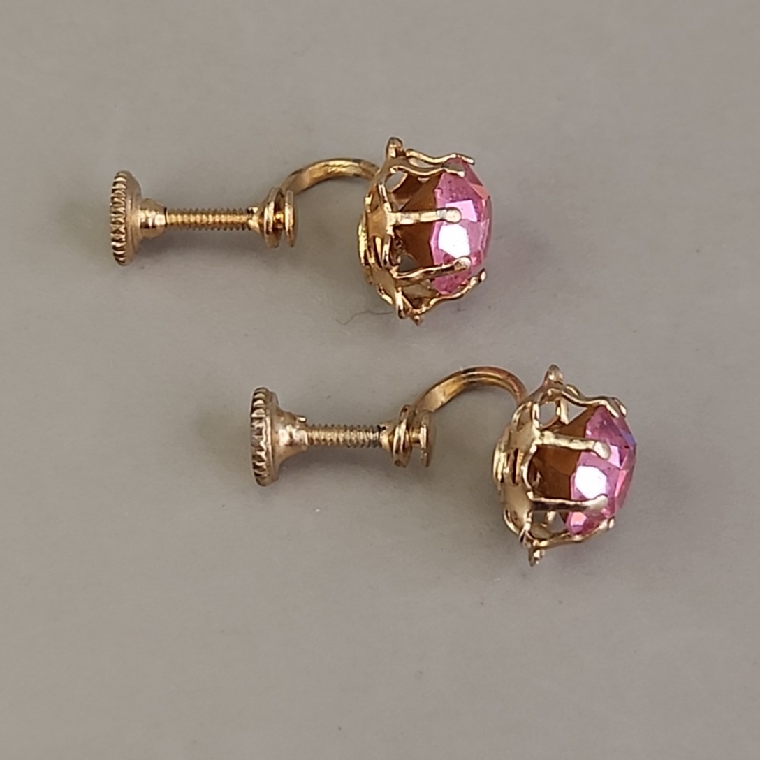 Vintage Rhinestone Screwback Earrings Pink Round Gold Tone 1cm