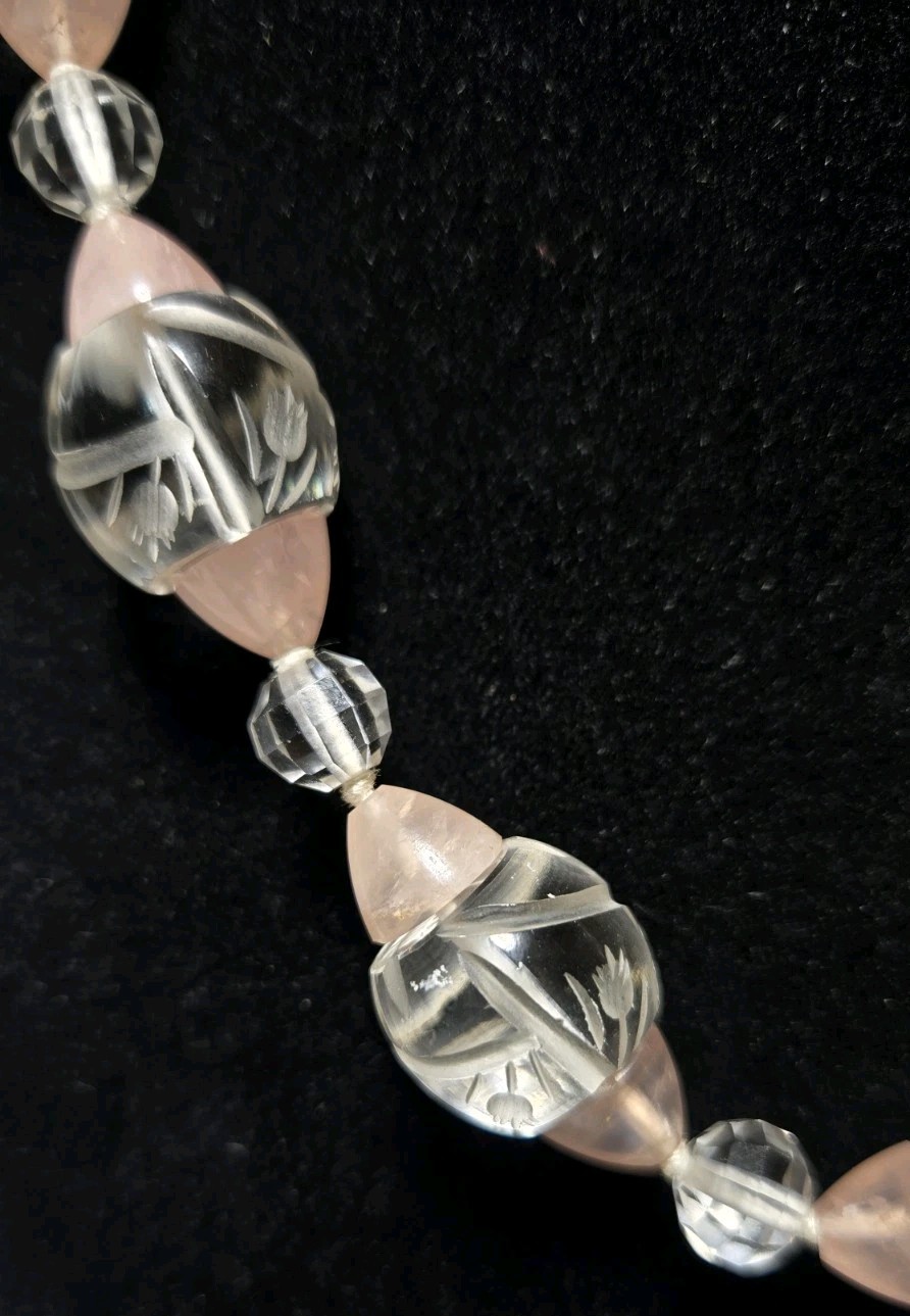 Rare Vintage Necklace Carved Rock Crystal & Pink Quartz 14K Floral Tulip Etched