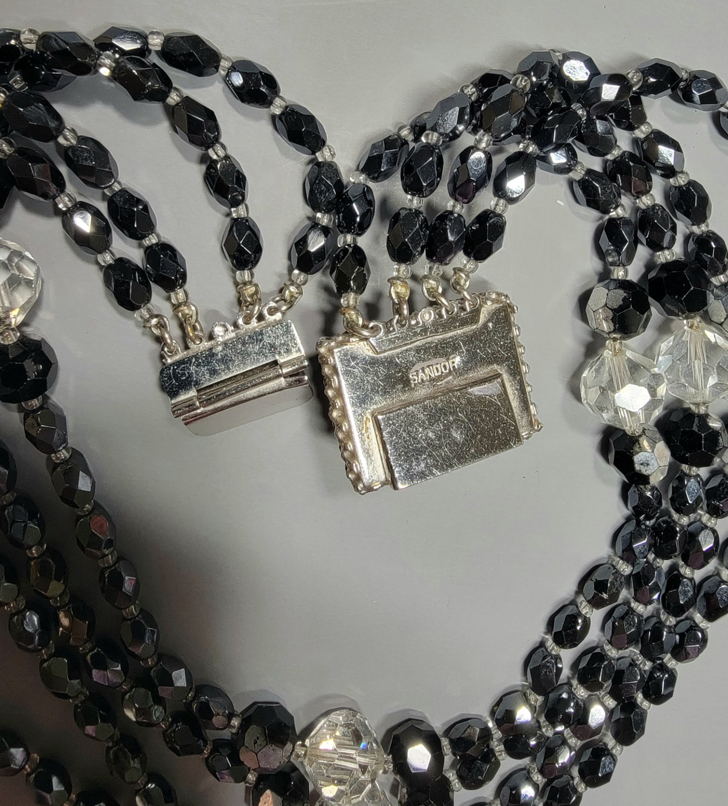 Sandor 4 Strand Black Crystal Signed Beaded And AB Clear Faceted Oval Necklaces