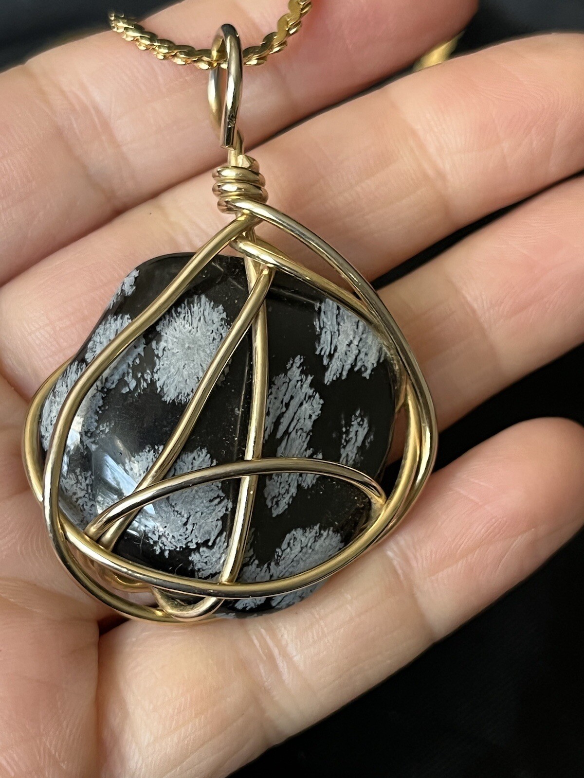 Vintage Polished Snowflake Obsidian Pendant Necklace Wire Wrapped Obsidian Stone