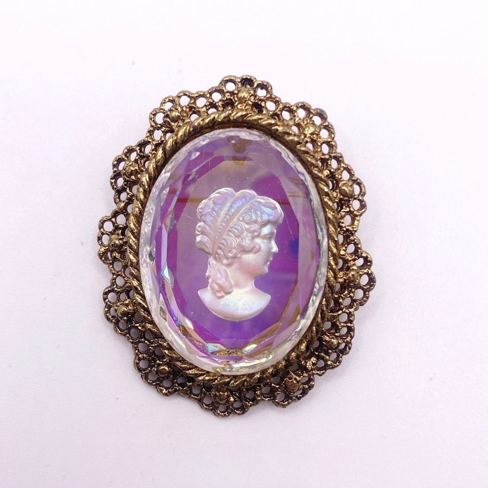 Vintage Brooch and Pendant Intaglio Glass Cameo Gold Tone Filigree Chrome 2”