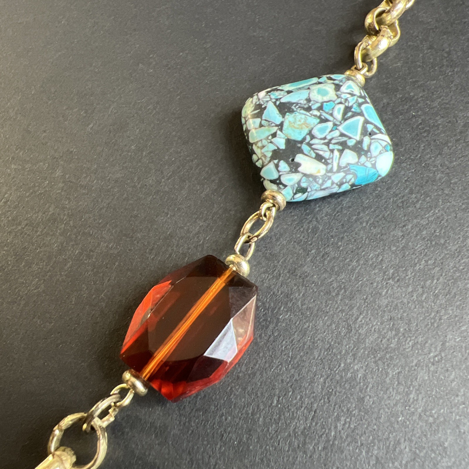 Vintage Turquoise Chip Inlay Beads Amber Mother of Pearl Abalone Bronze Necklace
