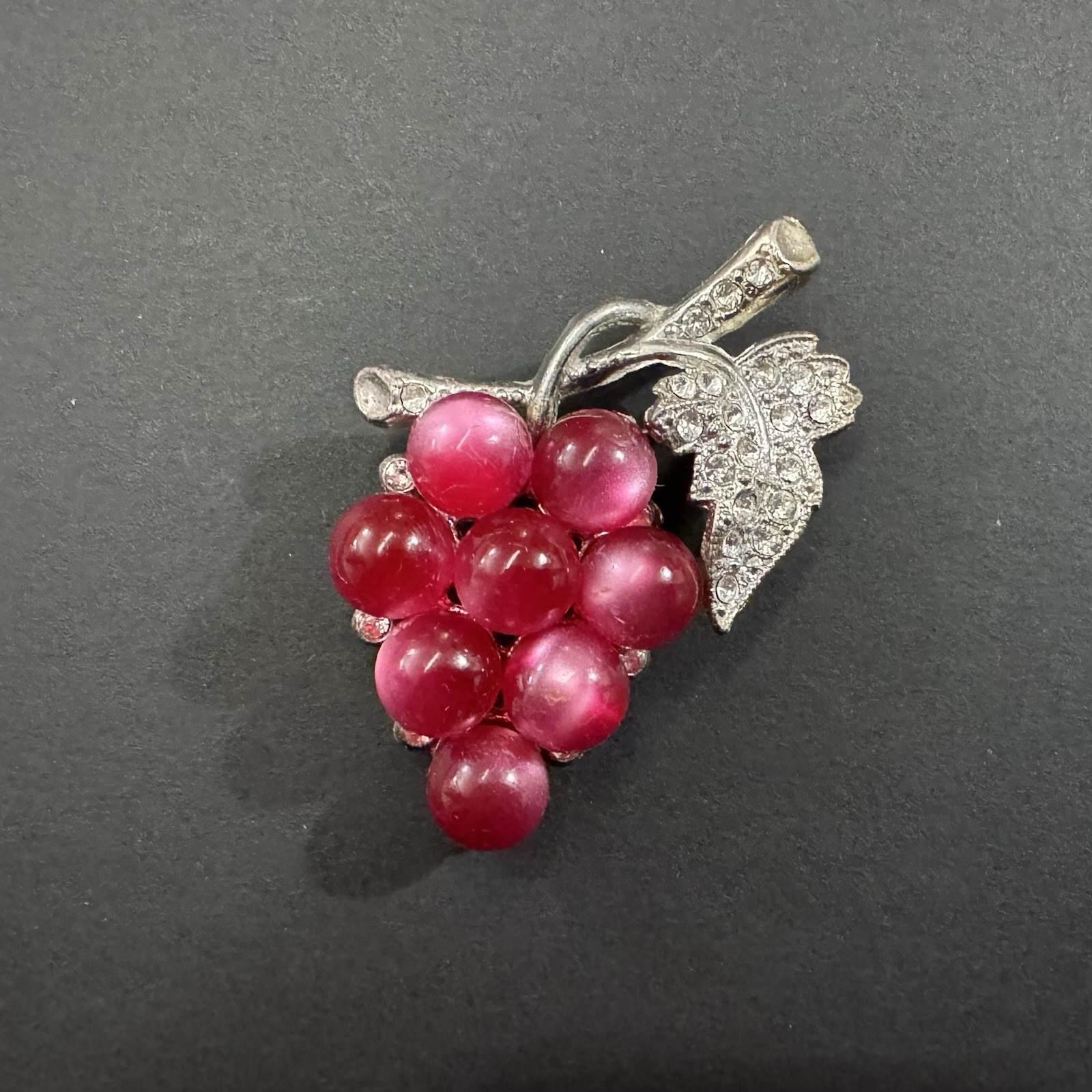 Vintage Coro Style Moonstone Lucite Grape Cluster Rhinestone Leaf Brooch