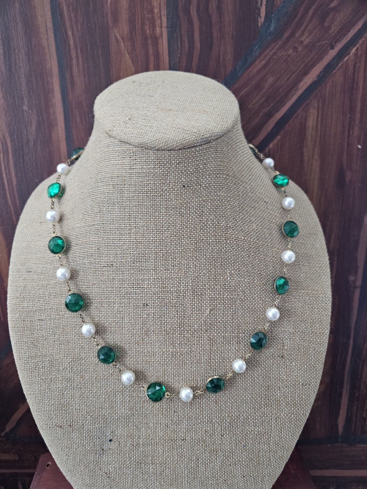 Vtg Green Acrylic Bezel Set Crystal Faux Pearl Goldtone Necklace Screwback Ear