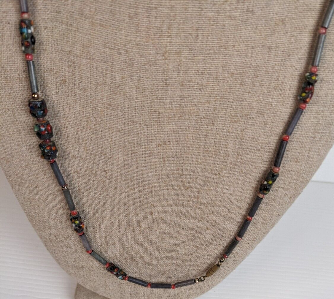 vintage necklace beaded earthtones bohemian artisan black 22″ L