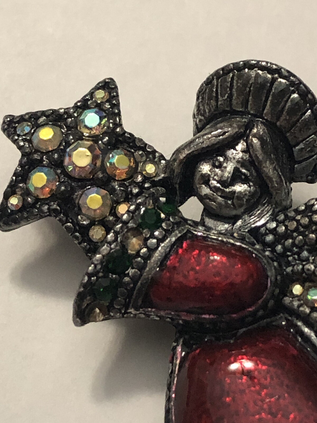 VTG TC PEWTER Christmas Angel W/Star Red Enamel RHINESTONE PIN Auction Finds 702