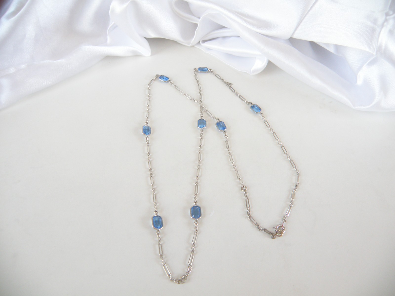 Antique Sterling Silver 925 Blue Gemstone Station Vintage Paperclip Necklace 25″