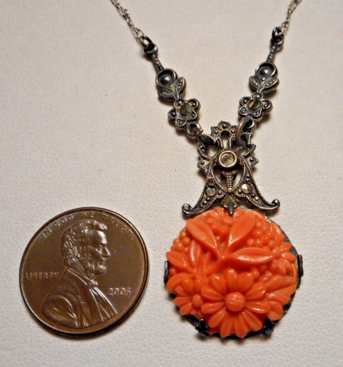 1920s Art Deco Czech? Faux Carved Coral Glass & Marcasite Pendant Necklace 16″