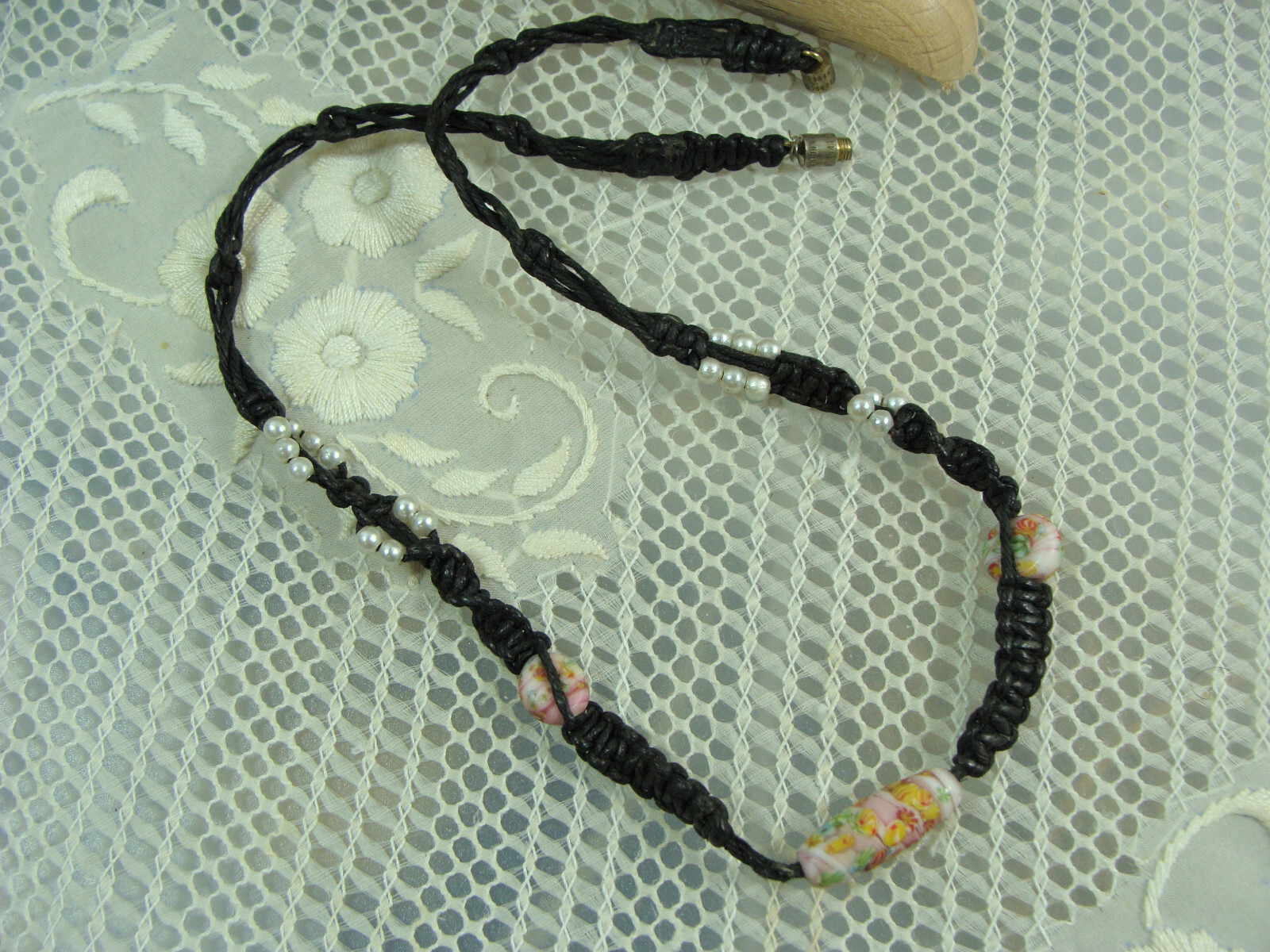 Vtg Millefiori Glass Bead Faux Pearl Hemp Macrame Bohemian Hippy Choker Necklace