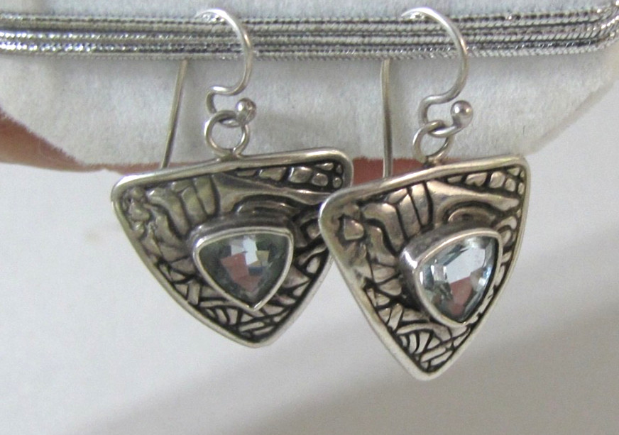 Vintage Sterling Silver Trillion Blue Topaz Tribal Shield Earrings Signed DC 925