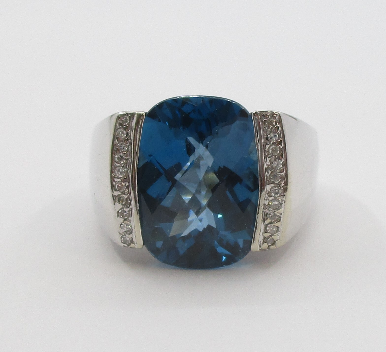 6.20CT Checkerboard Cut Blue Topaz 0.18CTW Diamond Ring 14K White Gold Size 10.5