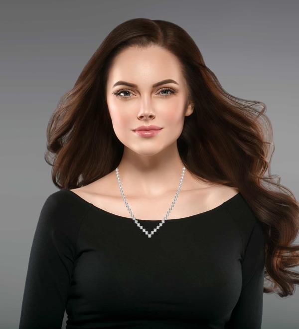 7.98CT DIAMOND 18K WHITE GOLD ROUND ETERNITY GEOMETRICAL V SHAPE TENNIS NECKLACE