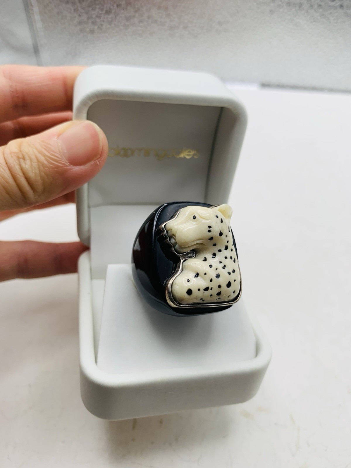 Vintage Unsigned Amy Kahn Russel Sterling Celluloid Leopard Big Cat Sz 9.5 Ring
