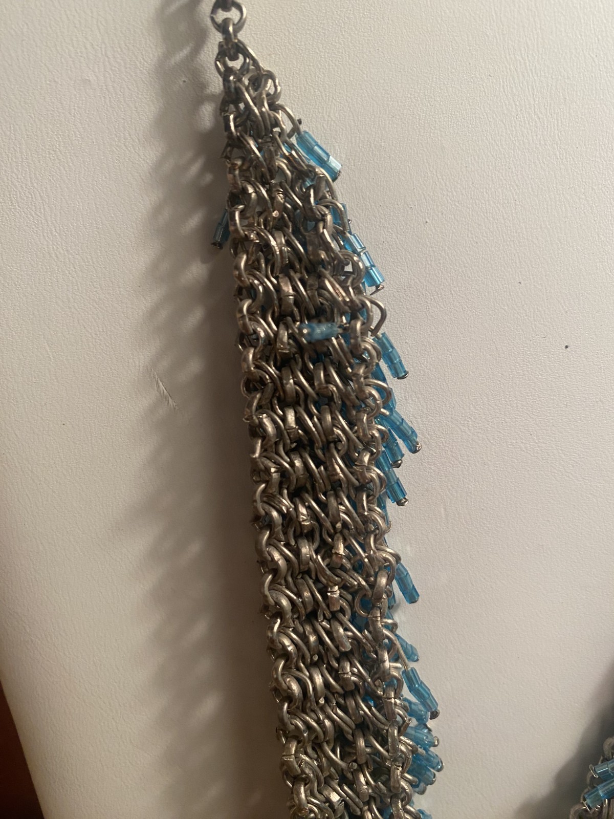Vintage Fringe Aqua Blue Glass Bead Chainmail Bib Statement Silvertone Necklace