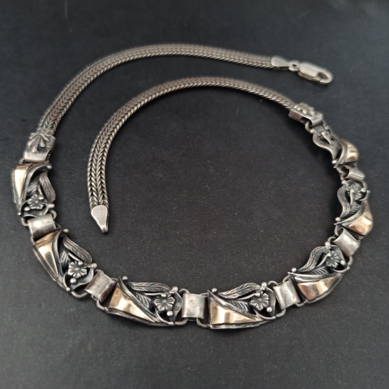 Vintage Silver Gold Necklace Bicolor Articulated Art Deco Revival Links 90s 925