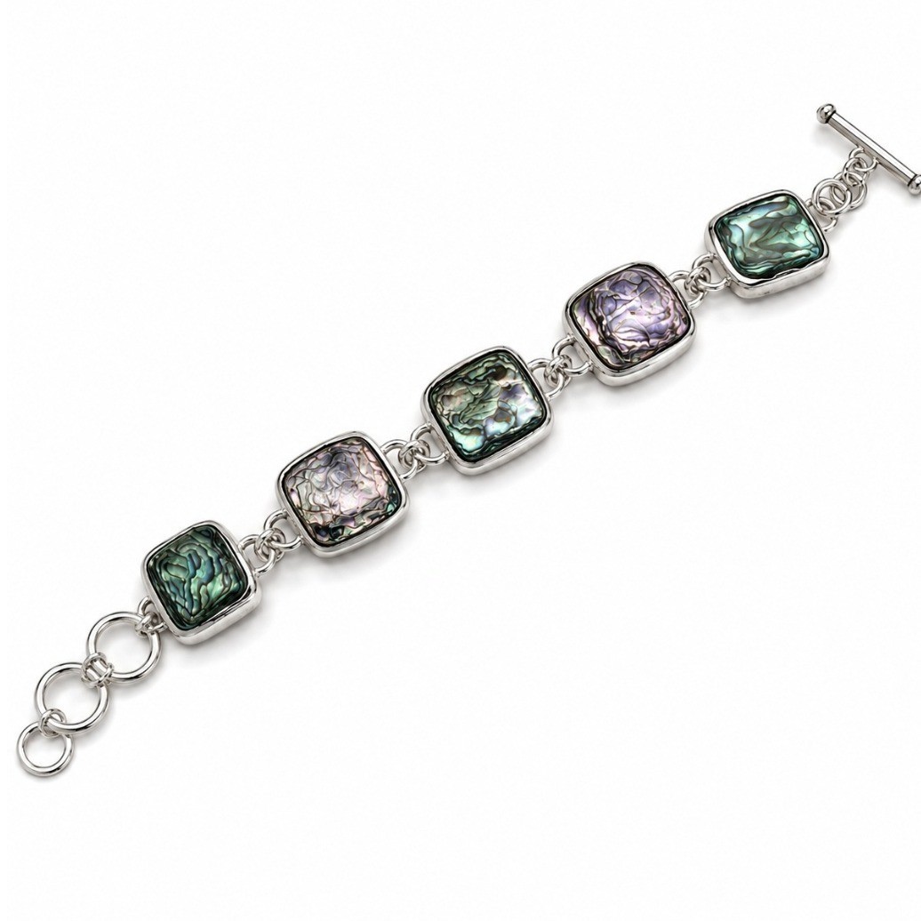 Heavy 925 Sterling Silver Abalone Shell Link Bracelet Artisan Paua Toggle Clasp