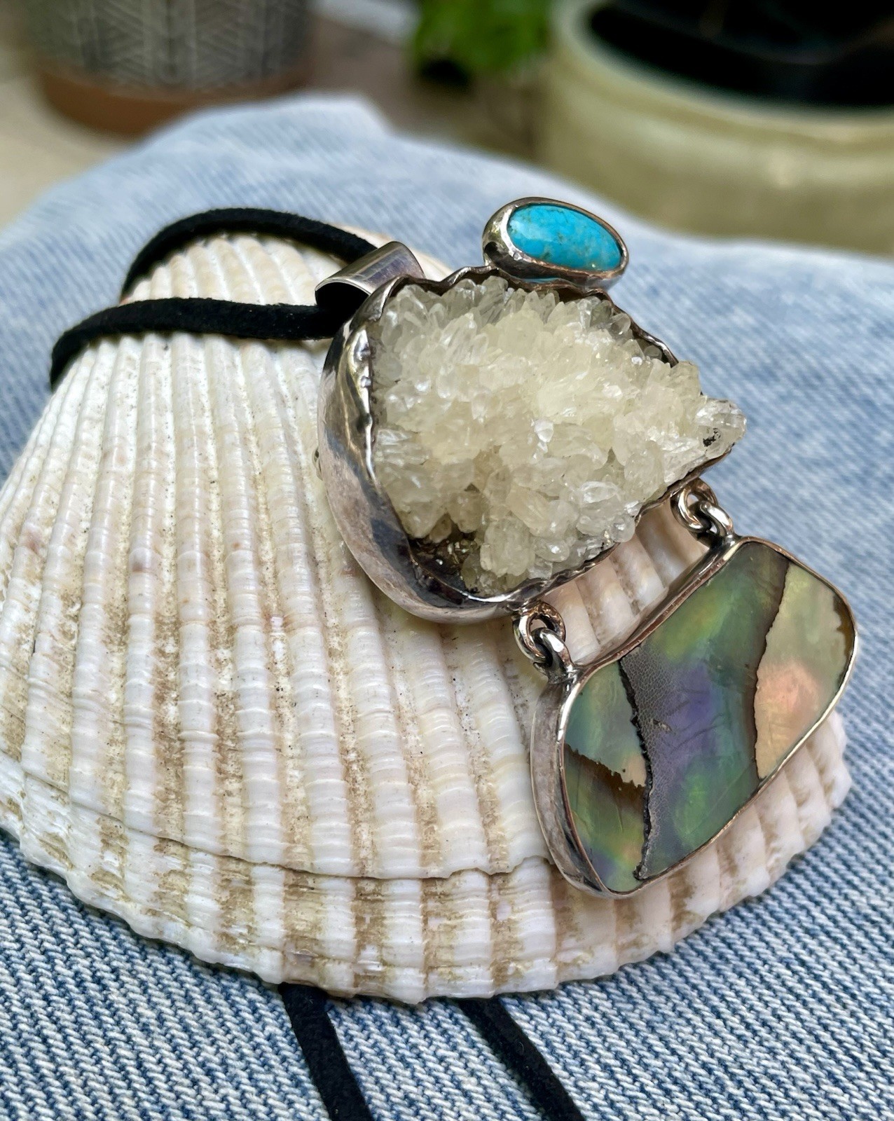 🎥Rock Crystal Rainbow Abalone Turquoise 2″ Pendant Brooch Mex Sterling Silver