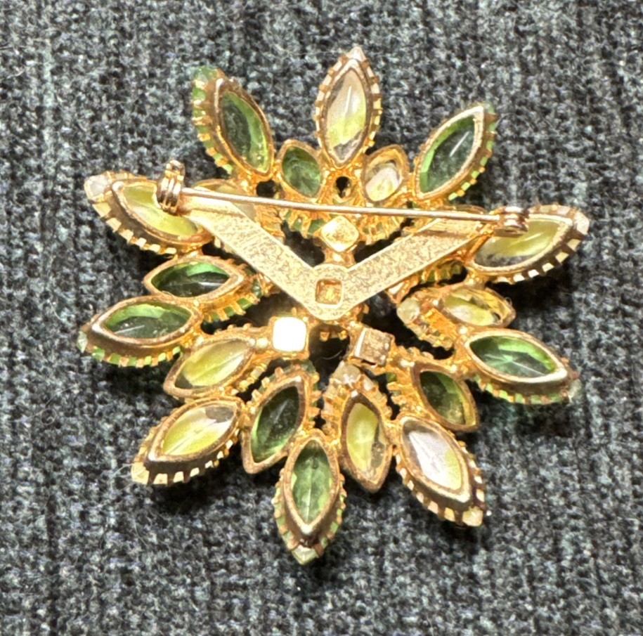 Gold-tone Brooch With Lime Green Givré And Opalescent Marquise-Cut Rhinestones