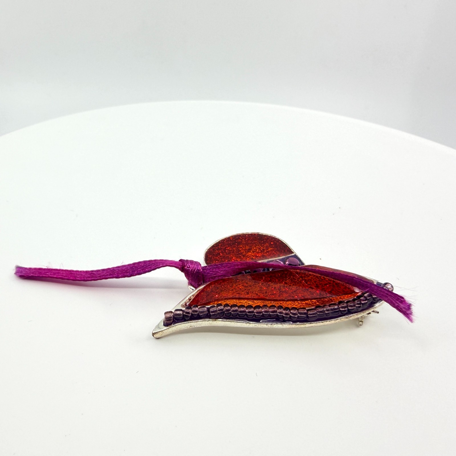 Vintage Chico’s Red Glitter Enamel Sun Hat Brooch Purple Ribbon Beaded Pin